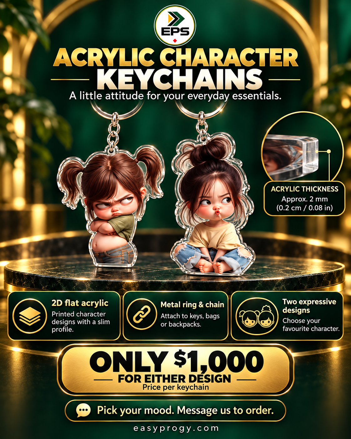 Two expressive acrylic character keychain designs