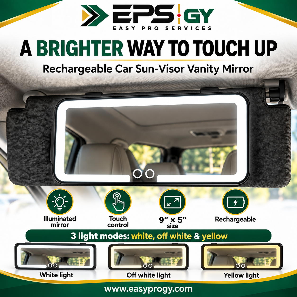 Ultra Thin LED Car Sun Visor vanity mirror (9"x5") Dual Button lighting and touch controls