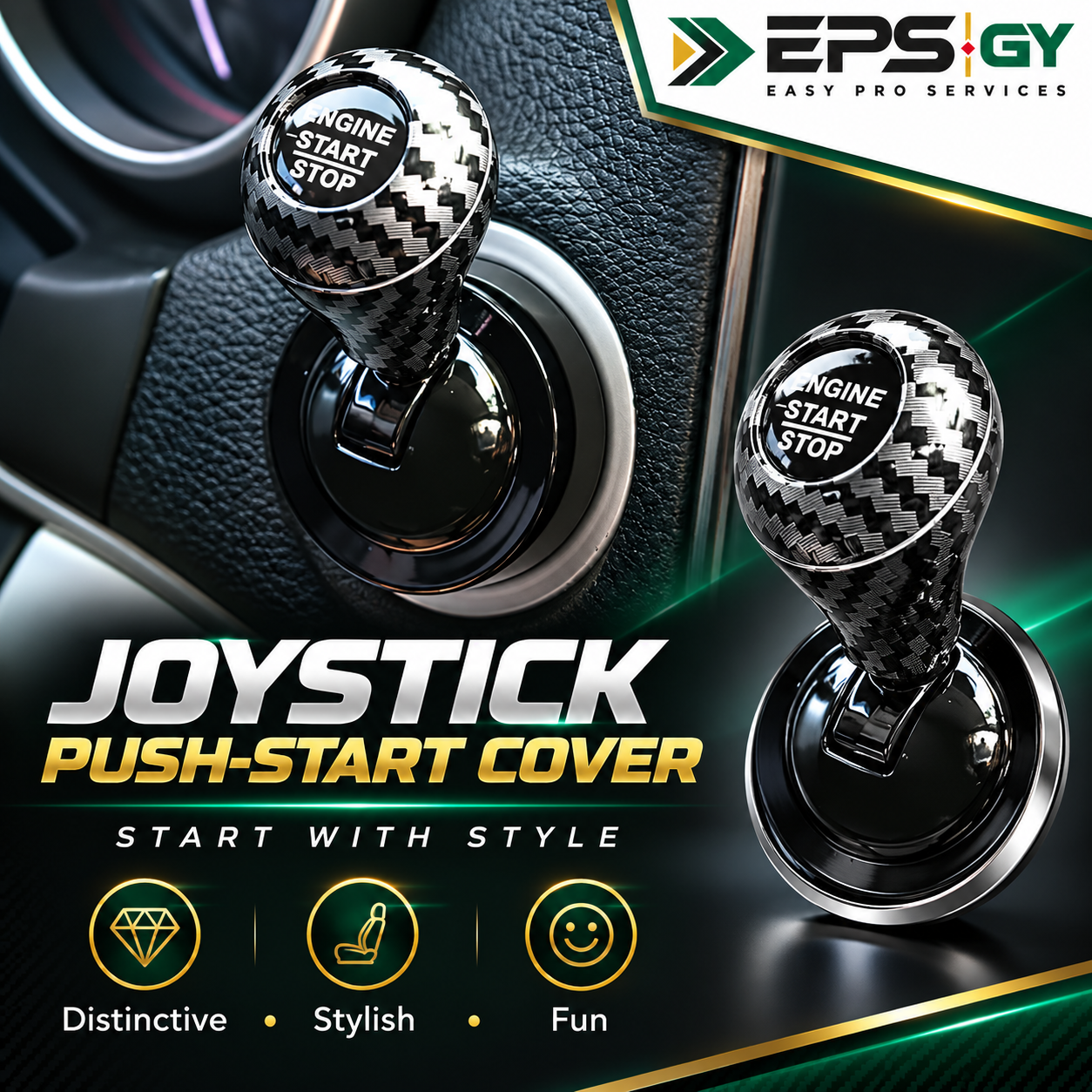 Carbon-fibre joystick push-start button cover installed in a vehicle