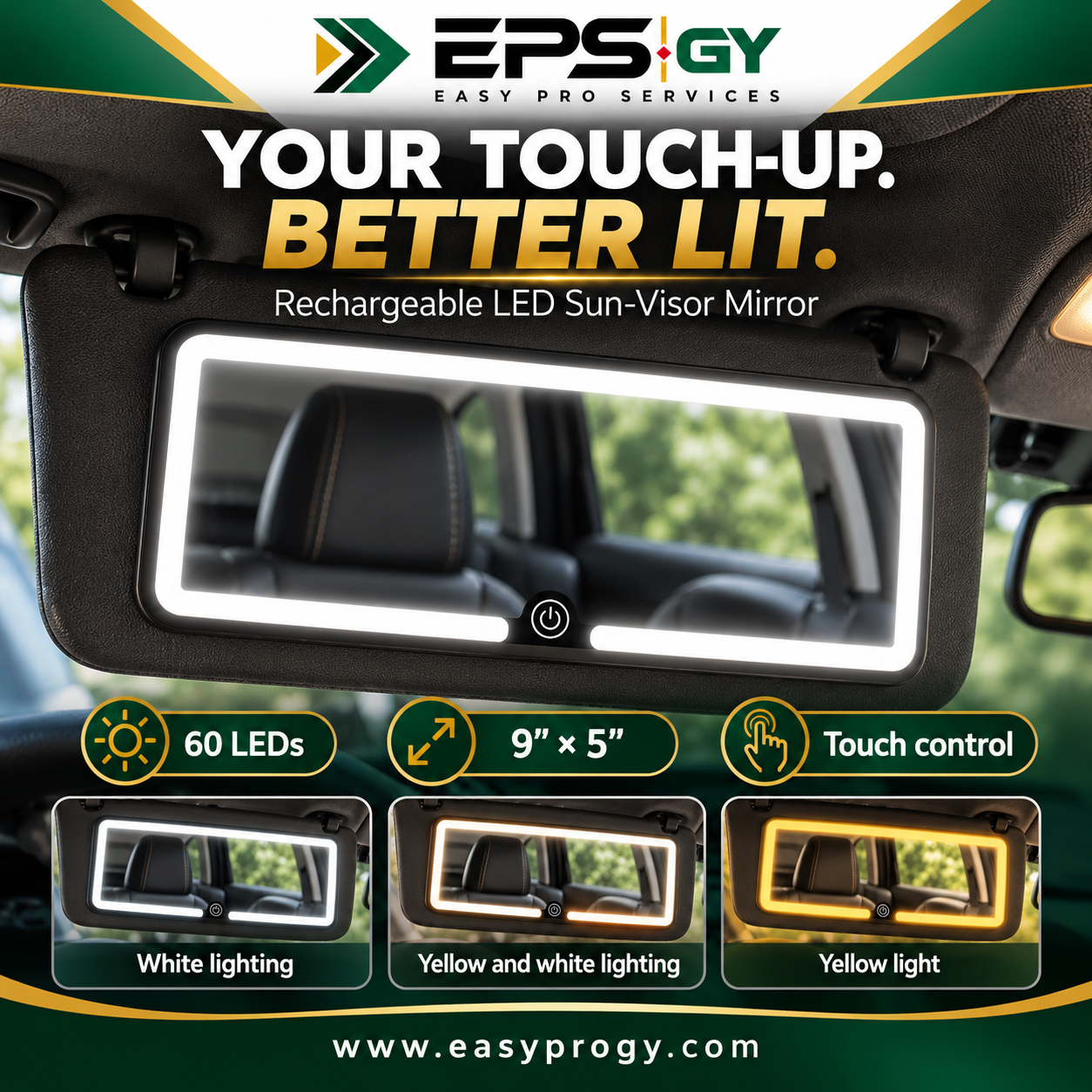 Ultra Thin LED Car Sun Visor vanity mirror (9"x5") lighting and touch controls