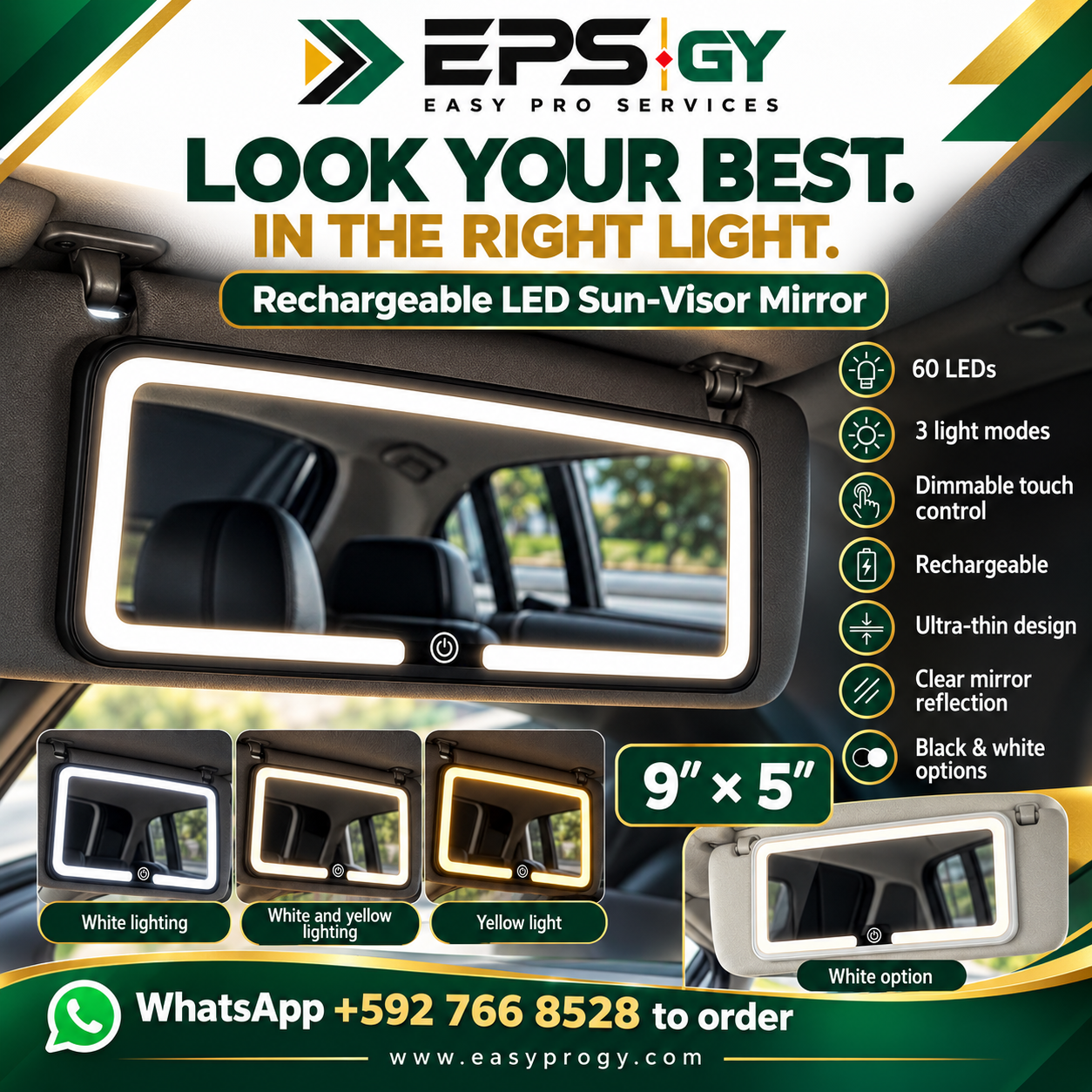 Ultra Thin LED Car Sun Visor vanity mirror (9"x5")