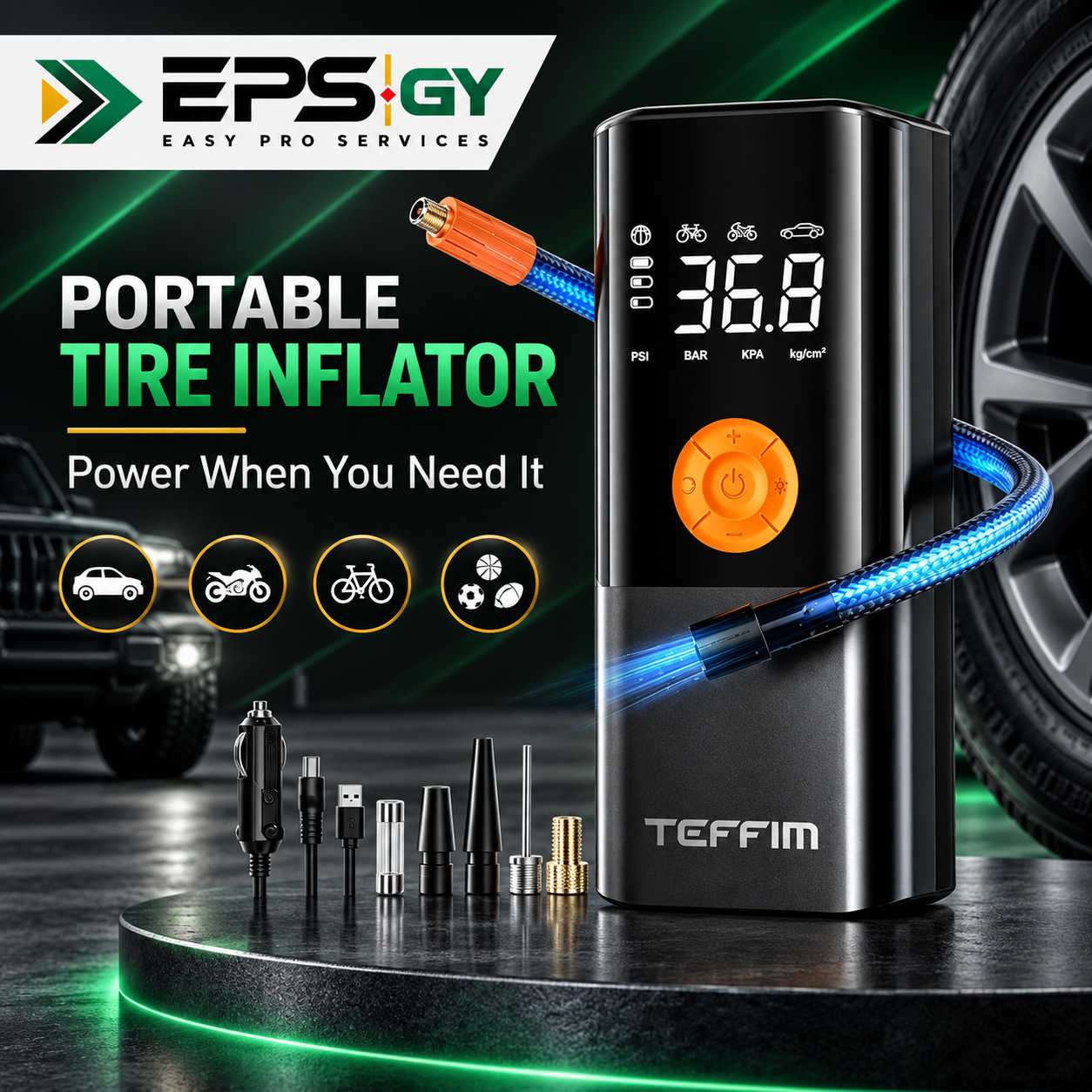 TEFFIM portable digital tire inflator with hose and nozzle adapters