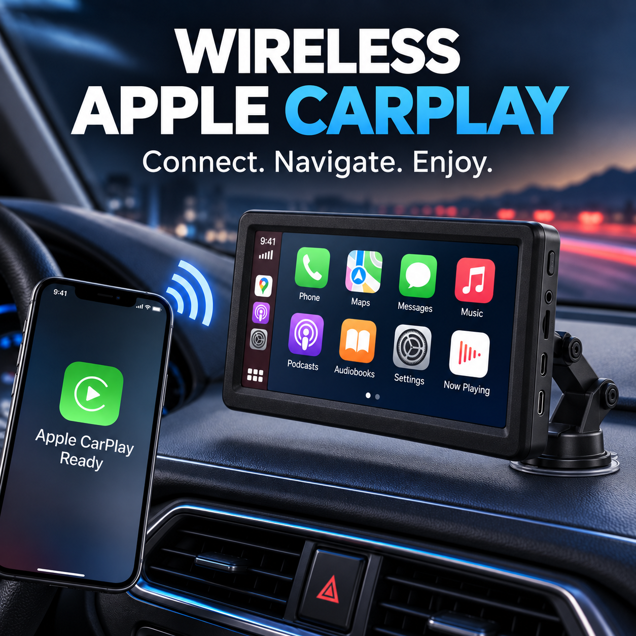 Wireless Apple CarPlay screen installed on a vehicle dashboard