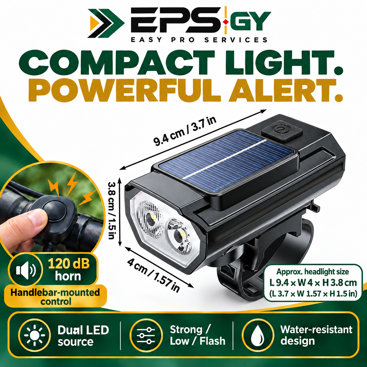 X Tiger solar rechargeable bicycle headlight and horn